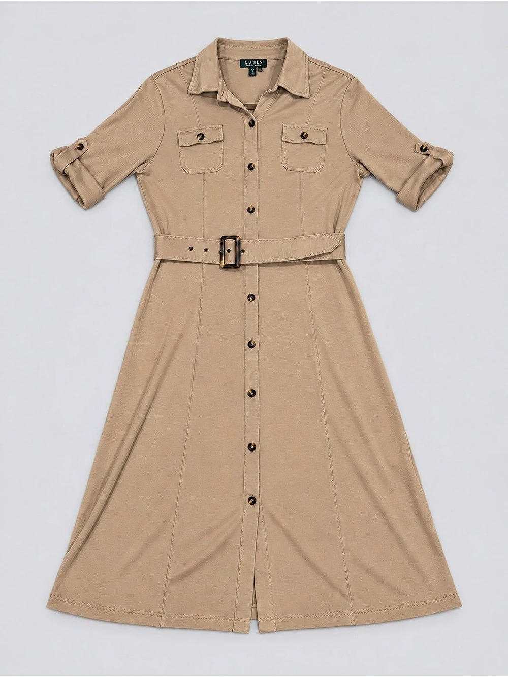 Lauren Ralph Lauren Silk Safari Button-Down Belted Dress Brown Medium